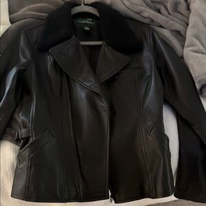 Lauren Ralph Lauren Black Leather Jacket with Black shearling Collar